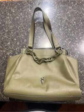 Vera Wang Olive Green Shoulder Bag with Chain-Link Accent